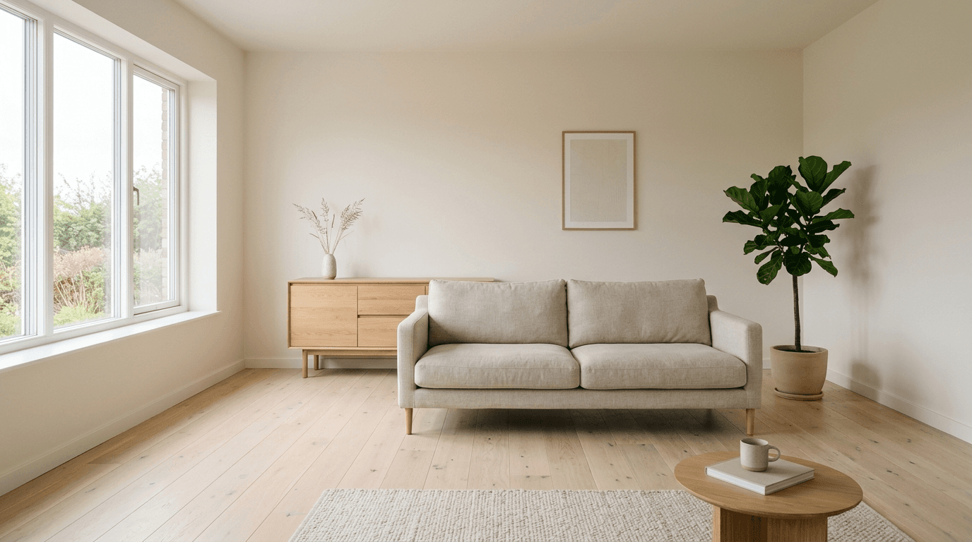 Frisch gestrichenes, helles Wohnzimmer mit warmweißen Wänden